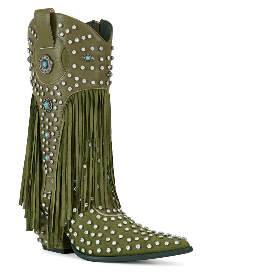 NEW AZALEA WANG OLIVE GREYSON FRINGE RHINESTONE WESTERN COWBOY BOOTS SZ 7